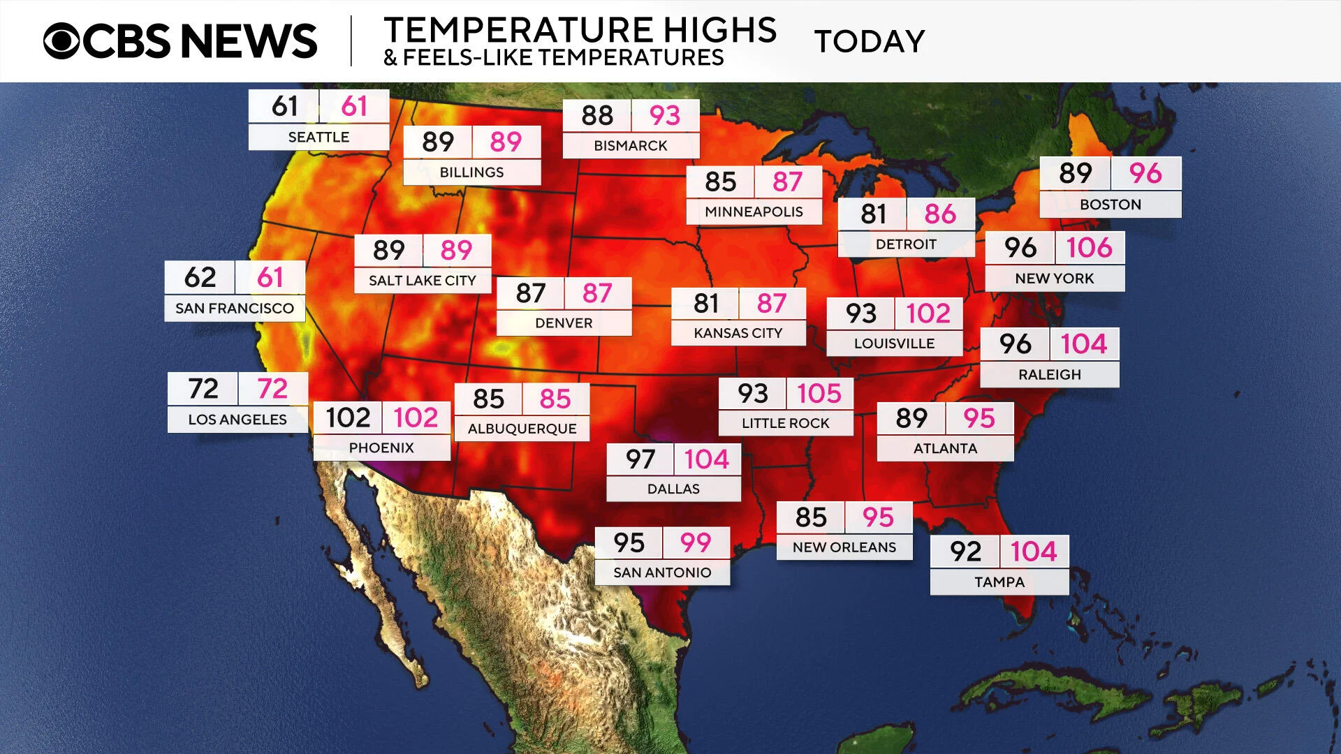 CBS News heat advisory map showing US in uniform red