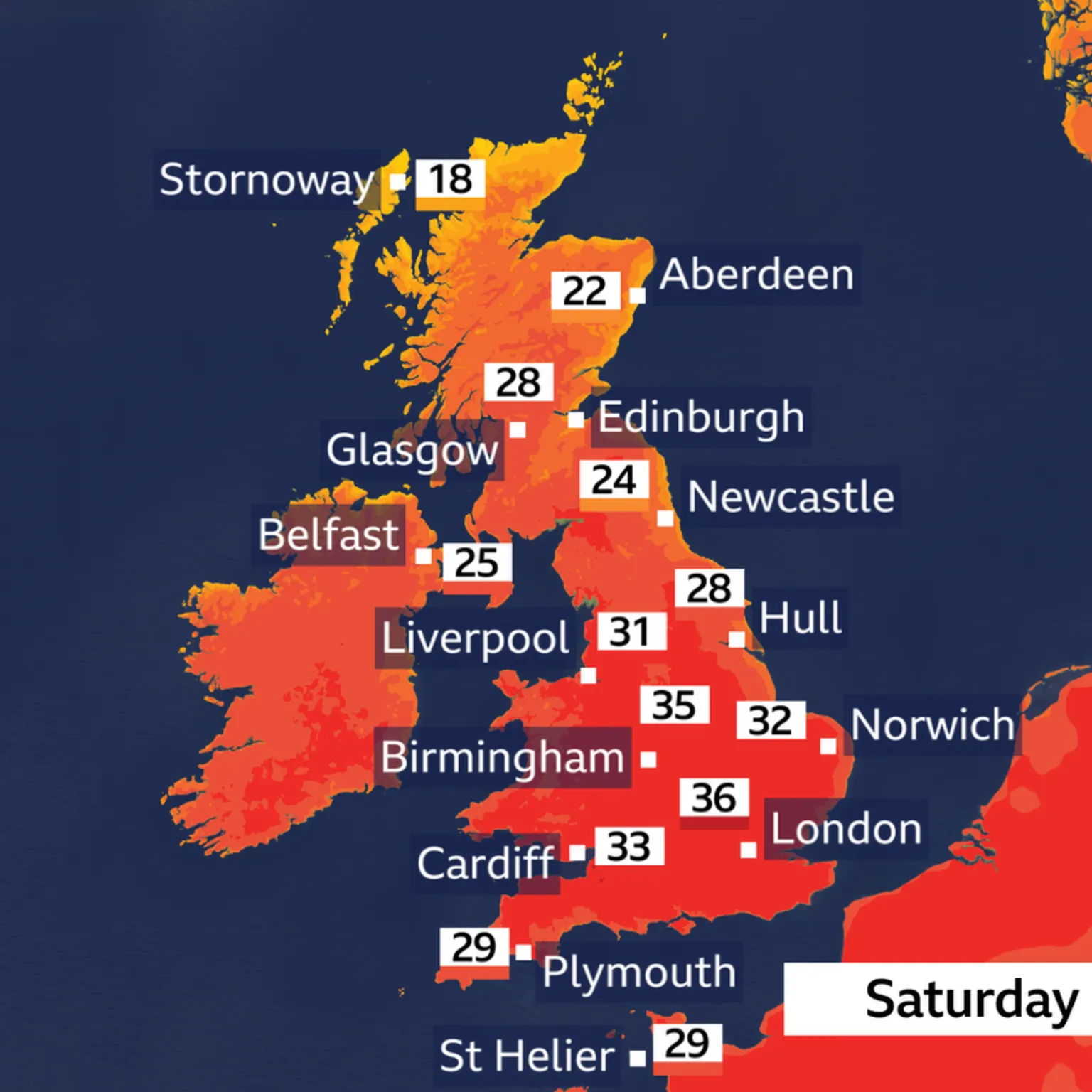 BBC Weather map showing UK in deep red during 2022 heatwave
